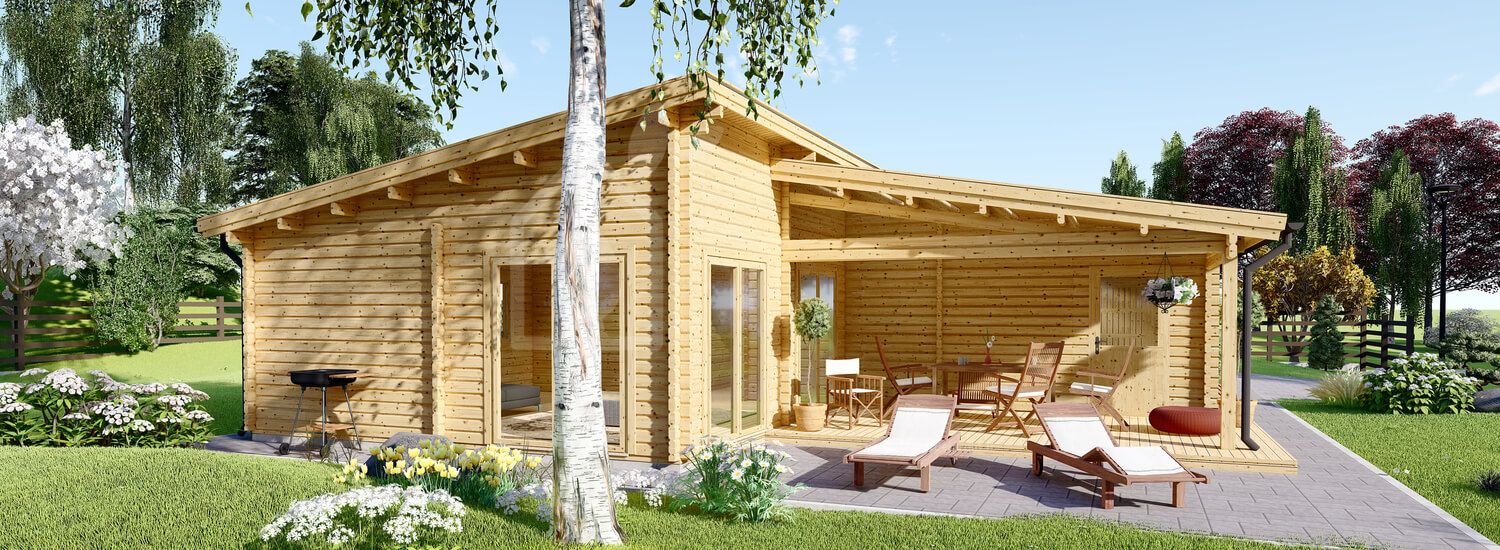 chalet en bois habitable berta à toit plat (isolé re2020, 44+44 mm), 72 m² avec terrasse + 20 m² garage chalet en bois habitable berta à toit plat (isolé re2020, 44+44 mm), 72 m² avec terrasse + 20 m² garage