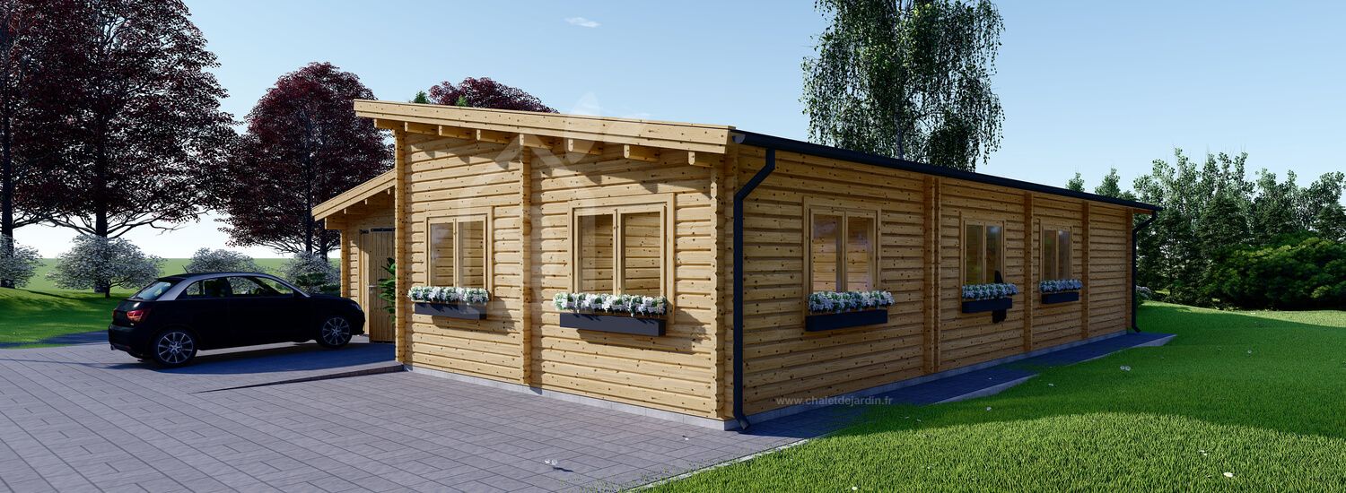 chalet en bois habitable berta à toit plat (isolé re2020, 44+44 mm), 72 m² avec terrasse + 20 m² garage chalet en bois habitable berta à toit plat (isolé re2020, 44+44 mm), 72 m² avec terrasse + 20 m² garage
