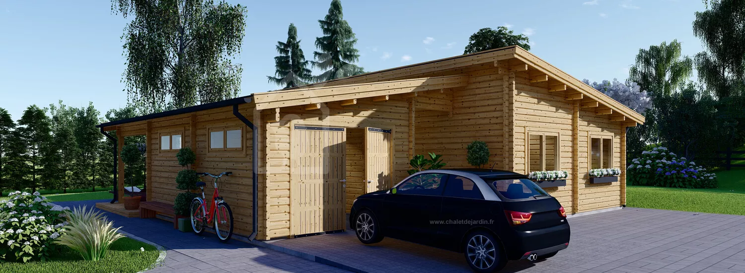 chalet en bois habitable berta à toit plat (isolé re2020, 44+44 mm), 72 m² avec terrasse + 20 m² garage chalet en bois habitable berta à toit plat (isolé re2020, 44+44 mm), 72 m² avec terrasse + 20 m² garage