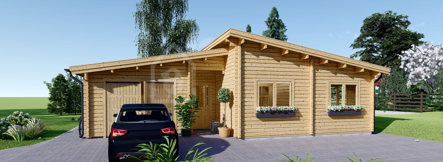 chalet en bois habitable berta à toit plat (isolé re2020, 44+44 mm), 72 m² avec terrasse + 20 m² garage chalet en bois habitable berta à toit plat (isolé re2020, 44+44 mm), 72 m² avec terrasse + 20 m² garage